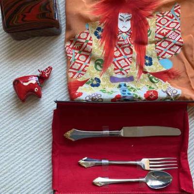 AAA262- Vintage Kabuki Silk Scarf, Lacquer Box, Animal Figure & Silverware 
