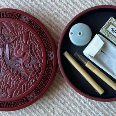 AAA250 - Vintage Japanese Calligraphy Tools Set Carved Red Cinnabar Lacquer Round Lidded Box