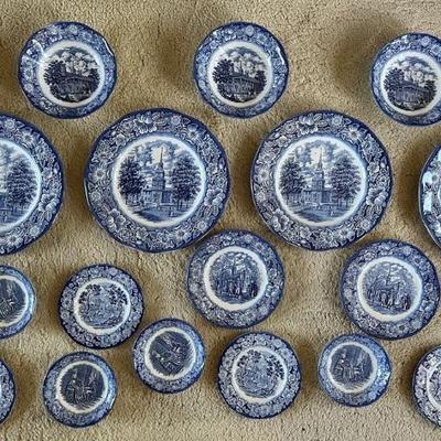 AAA020 - Large Set of 20 Collectible Vintage Liberty Blue Staffordshire Ironstone Plates