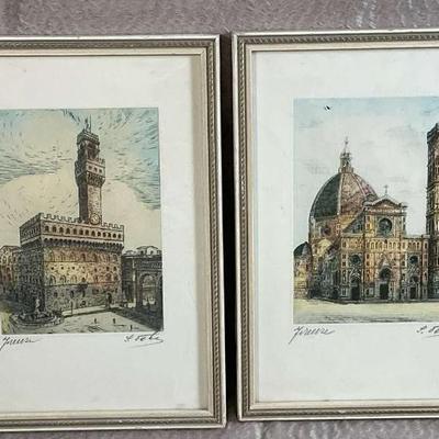 Vintage lithos of famous landmarks in florence italy