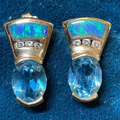 Earrings aquamarine opal & diamond set in 14k
