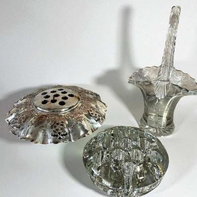 Flower frogs crystal silver & handled basket just for fun