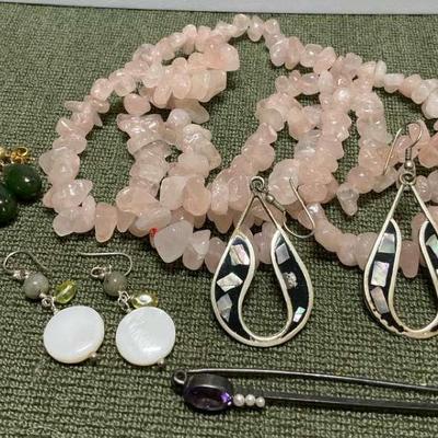 Earrings chip bead necklace & limoges trinket box