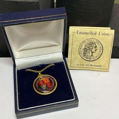 English annulet enameled coin pendant
