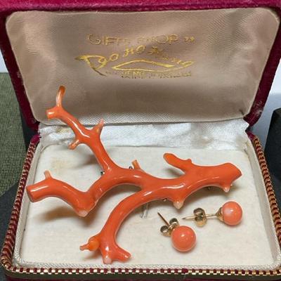 Coral brooch and complementing earrings