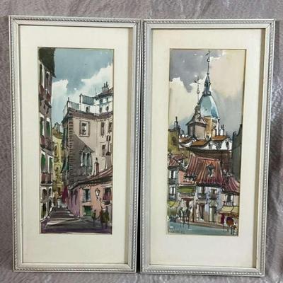 1967 pair of watercolors european cityscape