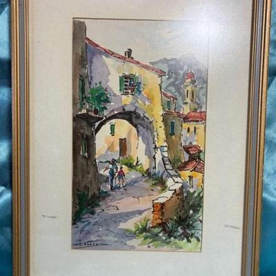 Country village watercolor signed franco