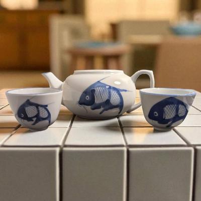 Vintage Blue Koi Fish Teapot And Cups