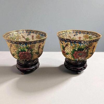 Vintage Small Plique-A-Jour Cloisonne Bowls On Stands 