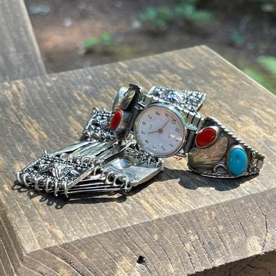 Vintage Mexican Silver & Natural Stones With Timex Watch Face & Other