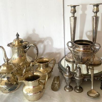 Silver Plated Tea Set, Candlesticks, And Salt Pepper Shakers
