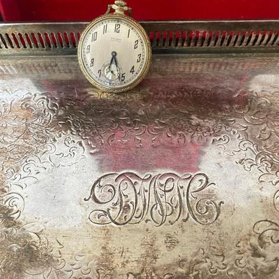 Gruen Antique VeriThin Pocket Watch W/ Silver Plated Tray