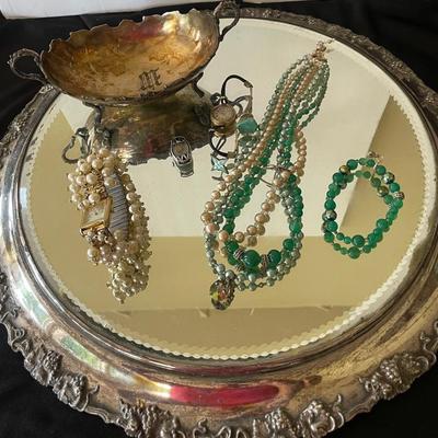 Silver Plated Mirrored Tray And Bowl With Women’s Costume Beaded Jewelry