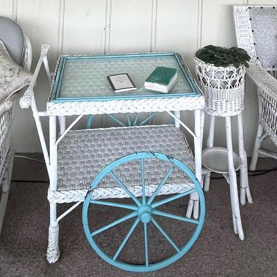Wicker Patio Bar Cart, Chairs & Table 