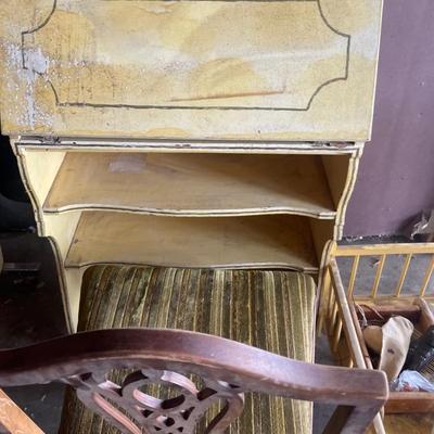 Vintage Child’s Desk And Chair With Toy Crib And Toys