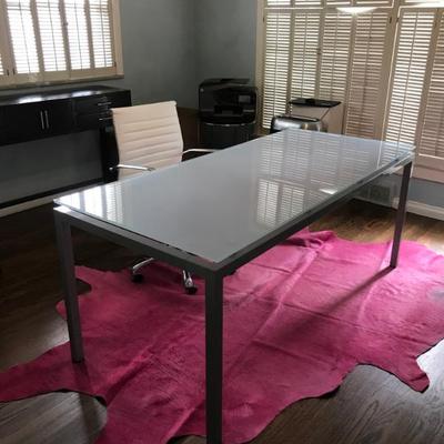 Sale Photo Thumbnail #1: Large modern glass desk & pink cowhide rug