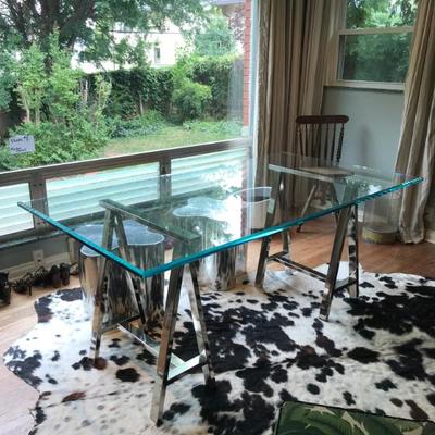 Sale Photo Thumbnail #2: Large Custom Made Heavy Saphire Glass Dining Table. Legs bought at Round Top. Beautiful!!