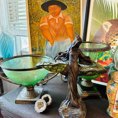 Original Art in the style of Bottero, Large green glass display pieces, geodes