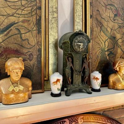 Sale Photo Thumbnail #69: Carved Busts, Dual Maiden Art Nouveau mantelpiece clock, Shippo style cloissone vase pair, 