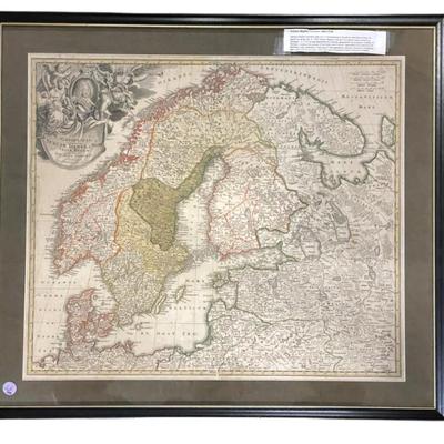 Sale Photo Thumbnail #119: Antique map of Scandinavia by Johann Baptist Homann circa 1720. With Norway, Sweden, Finland and Denmark. Top left a magnificent title cartouche. Johann Baptist Homann (March 20, 1664 - July 1, 1724) was the most prominent and prolific map publisher of th