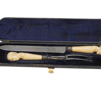 Sale Photo Thumbnail #199: Antique Exceptional English Figural Carving Set by Joseph Rodgers & Sons, Cutlers to her Majesty, in the Original Presentation Box. Box measures 18.75" x 4.25" 