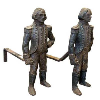 Sale Photo Thumbnail #176: Pair of Antique Figural George Washington Andirons. Measure 6" Tall x 21" Long