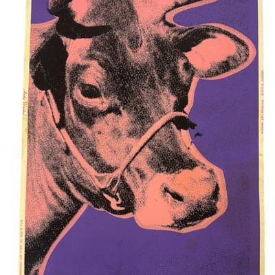 Sale Photo Thumbnail #150: Andy Warhol Cow from the Modern Art Pavilion Seattle Center from November 1976 - January 1977. The cow background is purple. Screenprint in colors on wallpaper. 46"x29.75". 