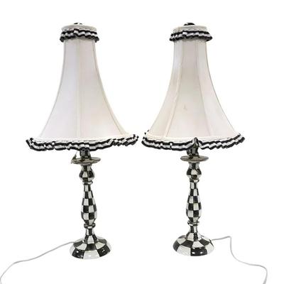 Sale Photo Thumbnail #71: Pair of Mackenzie-Childs Painted Metal Courtly Checker Lamps with Matching White & Courtly Stripe Shades, has original Mackenzie-Childs Metal Tag. Each measures about 29" tall, shade is 12" in dia. and footprint is 5.5" dia. 