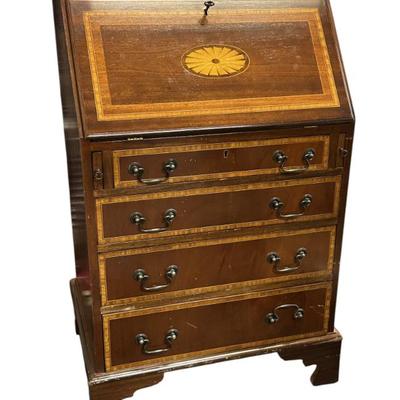 Sale Photo Thumbnail #142: Antique Marquetry Inlaid Bureau Fall Front Writing Desk. Measures 24"x18"x38".