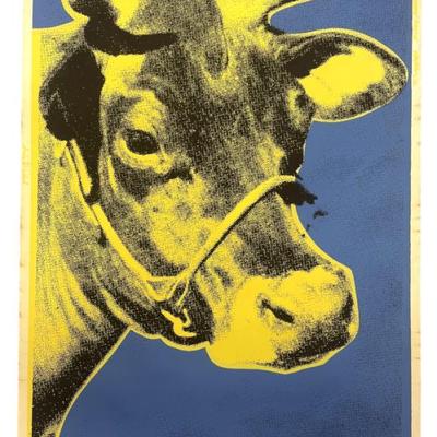 Sale Photo Thumbnail #17: Andy Warhol Cow from the Modern Art Pavilion Seattle Center from November 1976 - January 1977. The cow background is blue. Screenprint in colors on wallpaper.30x40