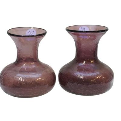 Sale Photo Thumbnail #81: 2 MCM Hand Blown Amethyst Crackle Vases.