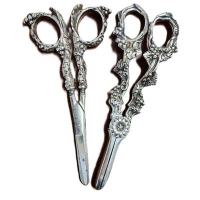 Sale Photo Thumbnail #50: Two (2) Ornate English Edwardian Silver Grape Shears. Unmarked. 6" and 6 1/2". 