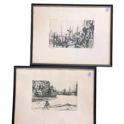 Sale Photo Thumbnail #83: Two Vintage 20th century etchings after James Abbott McNeill Whistlers 1859 .Limehouse and "Eagle Wharf'. printed by Brown & Bigelow, Minneapolis. Framed. In frame 16.75"x12.75"x1/4". 