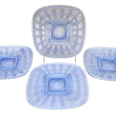 Sale Photo Thumbnail #91: Four (4) Scarce Imperial Beaded Block Ice Blue Luncheon Plates. Each 7.75"x7.75". 