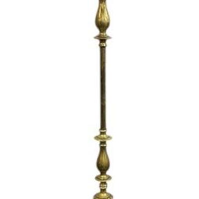 Sale Photo Thumbnail #200: Vintage Hubley Art Deco 2-Light Brass Floor Lamp with Vintage Mica Shade. Some wear to shade. With shade 19"x19"x62". 