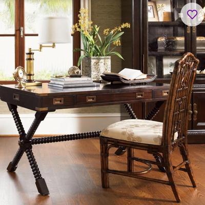 Sale Photo Thumbnail #9: Tommy Bahama Royal Kahala Collection Poets Crossing Writing Desk. Inspired by classic British Campaign styling, the three drawer desk features recessed pulls and porter's handles, decorative corner hardware and an elegantly carved stretcher and base. Craf