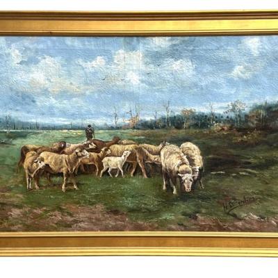 Sale Photo Thumbnail #168: Large Original 19th c Oil on Canvas Pastoral Landscape with Sheep and Shepherd. Signed Lower Left. Signature illegible. In gilt wood frame. Provenance: Purchased at Alkyon Antiques, Meeting Street, Charleston, SC Measures 44 1/2"x29"x1 1/2" 