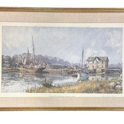 Sale Photo Thumbnail #152: John Stobart (1929-2023) is a British maritime artist known for his paintings of American harbour scenes during the Golden Age of Sail. Professionally framed and matted. In frame 38"x27"x1". Weight 9 pds. PROVENANCE: A Charleston Private Estate.