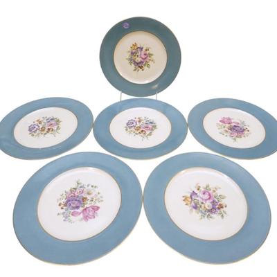 Sale Photo Thumbnail #95: Six (6) Vintage Hutschenreuther Crown Lion Ivory Dinner Plates. Teal Blue Border with Floral Bouquet Center and Gilt Trim. Each 11"x11". 