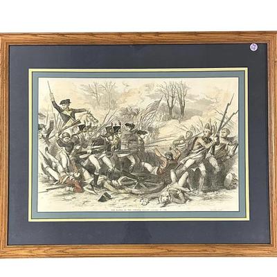 Sale Photo Thumbnail #286: Battle Of The Cowpens, 1781. Hand Colored Engraving By John Andrew, 1856.The Battle of Cowpens was a military engagement during the American Revolutionary War fought on January 17, 1781, near the town of Cowpens, South Carolina. Patriot forces, estimated 