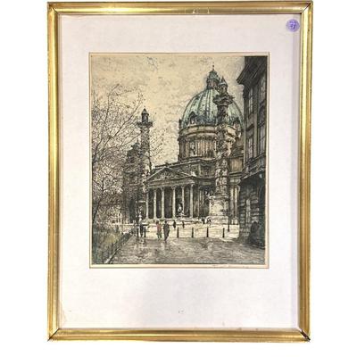 Sale Photo Thumbnail #139: Tanna Kasimir (1887-1972) Pencil signed Etching of St. Charles Church (Karlskirche) in Vienna. Professionally framed and matted. In frame measures 17"x22"x1". 