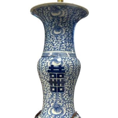 Sale Photo Thumbnail #169: Antique Chinese Double Happiness Gu Porcelain Vase converted to table lamp. Lamp measures 8 1/2"x8 1/2"x24 1/2". Weight 8 lbs 9 oz. PROVENANCE: The estate of noted Charleston Attorney, Scholar and Passionate Collector, James Kirkland Grant, Wentworth Stre
