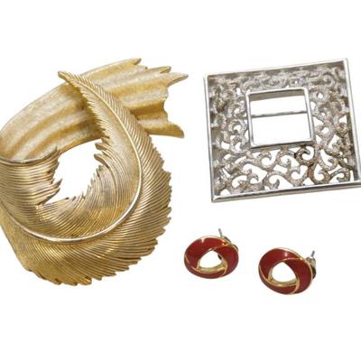 Sale Photo Thumbnail #84: 3 Vintage Trifari Jewelry Items. Gold Feather Swirl 2.25". Silver Square Filigree 1.75" Pierced Small Enamel Earrings 1/2".