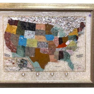 Sale Photo Thumbnail #128: Stunning Inlaid Semi Precious Stones Map of the USA, very decorative and heavy, you have little clocks along the time zones. In Gold Gilt Frame. Measures 39"x27"x1 1/4". Weight 25 lbs