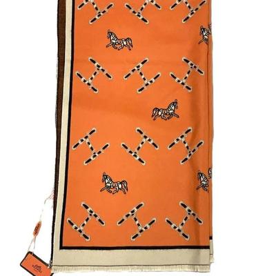 Sale Photo Thumbnail #64: Long Equestrian Orange Cashmere and Silk Equestrian Pashmina / Scarf. Measures 72" long and 25" wide".