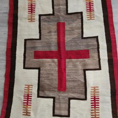 Sale Photo Thumbnail #13: 1920s hand woven Navajo rug, geometric design in brown, beige, and red. Measures 38"x54". 