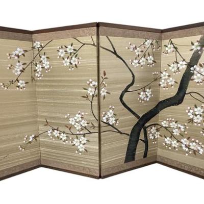 Sale Photo Thumbnail #130: Vintage Japanese Hand Painted on Silk 4 Panel Byobu Screen of Spring Cherry Blossoms on Silk. Each panel Height 24". Width 12". Depth 3/4" 