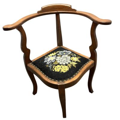 Sale Photo Thumbnail #233: Vintage / Antique Corner Chair with needlepoint seat. Measures 32"x29.5"x23"
