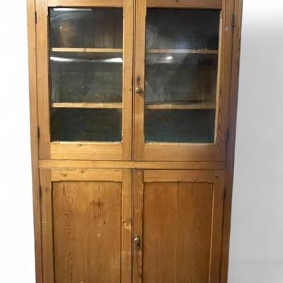 Sale Photo Thumbnail #162: Antique 19th c Tall Pine Cabinet. 2 Glass Doors top over 2 door Cupboard. Great display and storage. Measures 89.5" tall, 49" wide, 17.375" deep Provenance: A Rainbow Row Charleston Estate