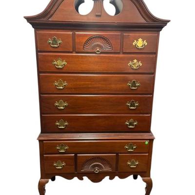 Sale Photo Thumbnail #12: Link-Taylor Solid Heirloom Mahogany Queen Anne Highboy Chest. Features 11 dovetail drawers of various sizes, 2 with carved fan fronts. Made in Lexington, NC. Measures 41"x23"x83"